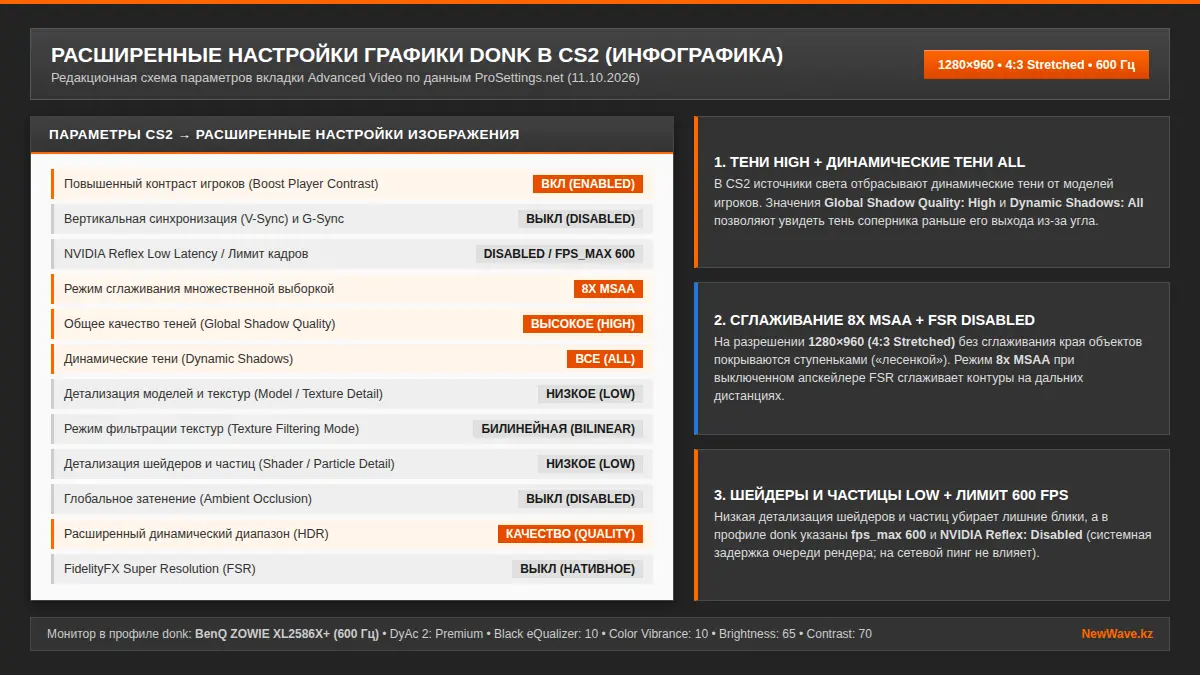 Редакционная инфографика с расширенными настройками графики donk в CS2 по данным ProSettings: 1280x960, 8x MSAA, тени High